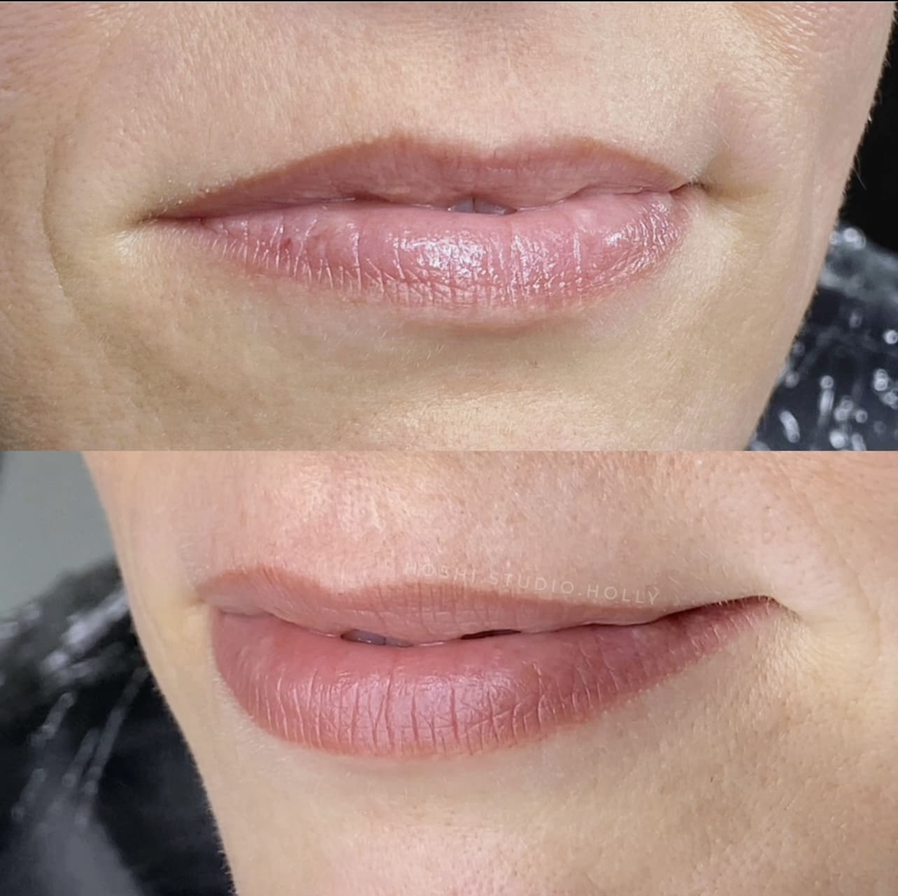 Before and healed Lip Blush after the first session, before the touch up